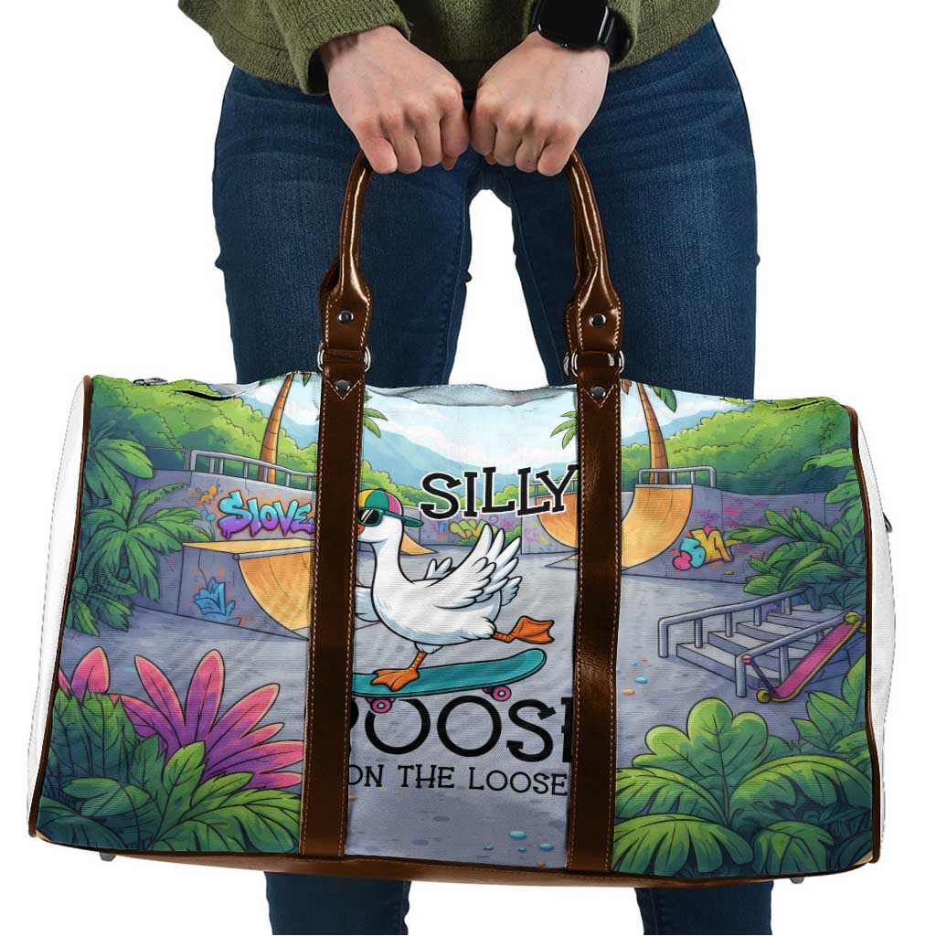 Funny Silly Goose on The Loose Travel Bag with Skateboard and Palm Trees