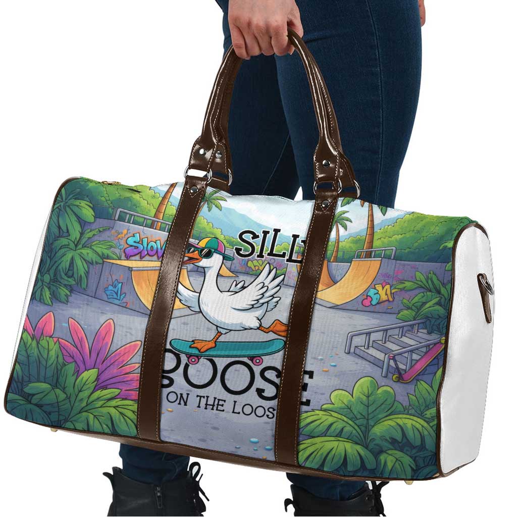 Funny Silly Goose on The Loose Travel Bag with Skateboard and Palm Trees