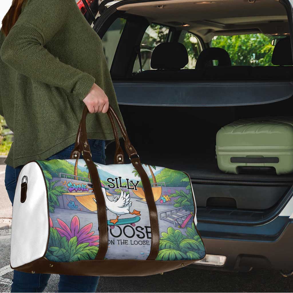 Funny Silly Goose on The Loose Travel Bag with Skateboard and Palm Trees