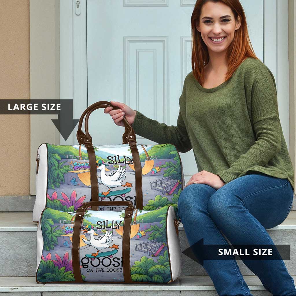 Funny Silly Goose on The Loose Travel Bag with Skateboard and Palm Trees