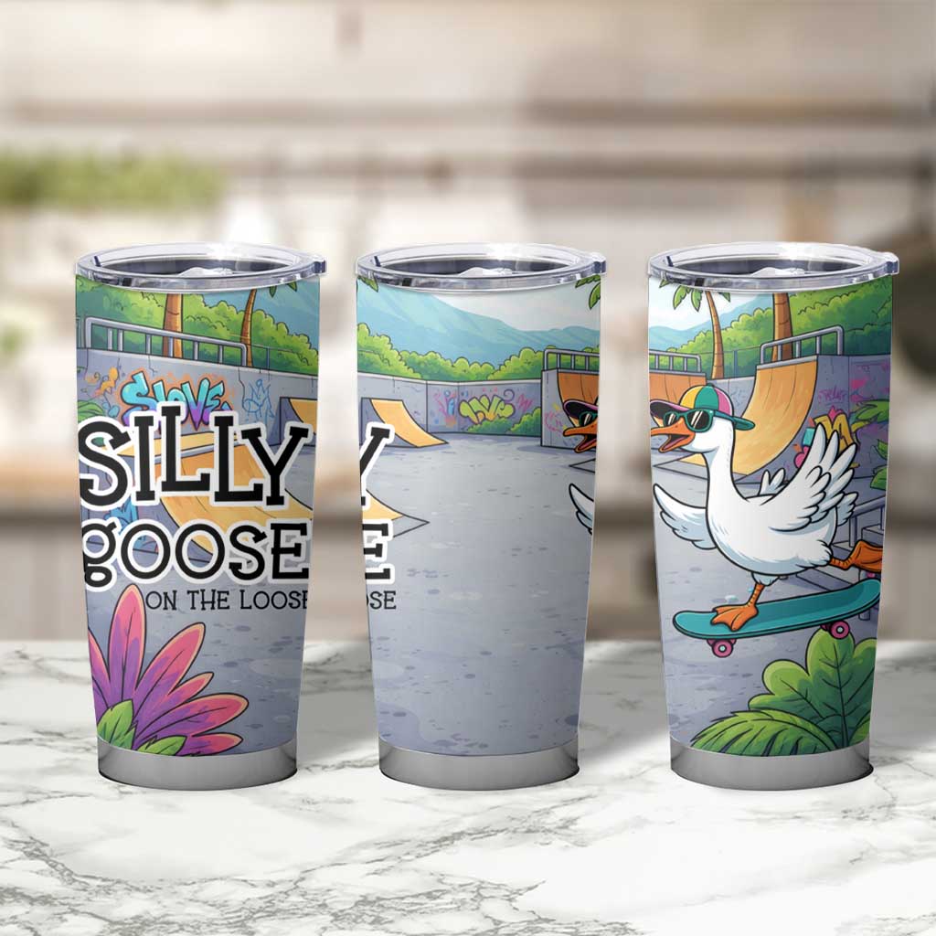 Funny Silly Goose on The Loose Tumbler Cup with Skateboard and Palm Trees