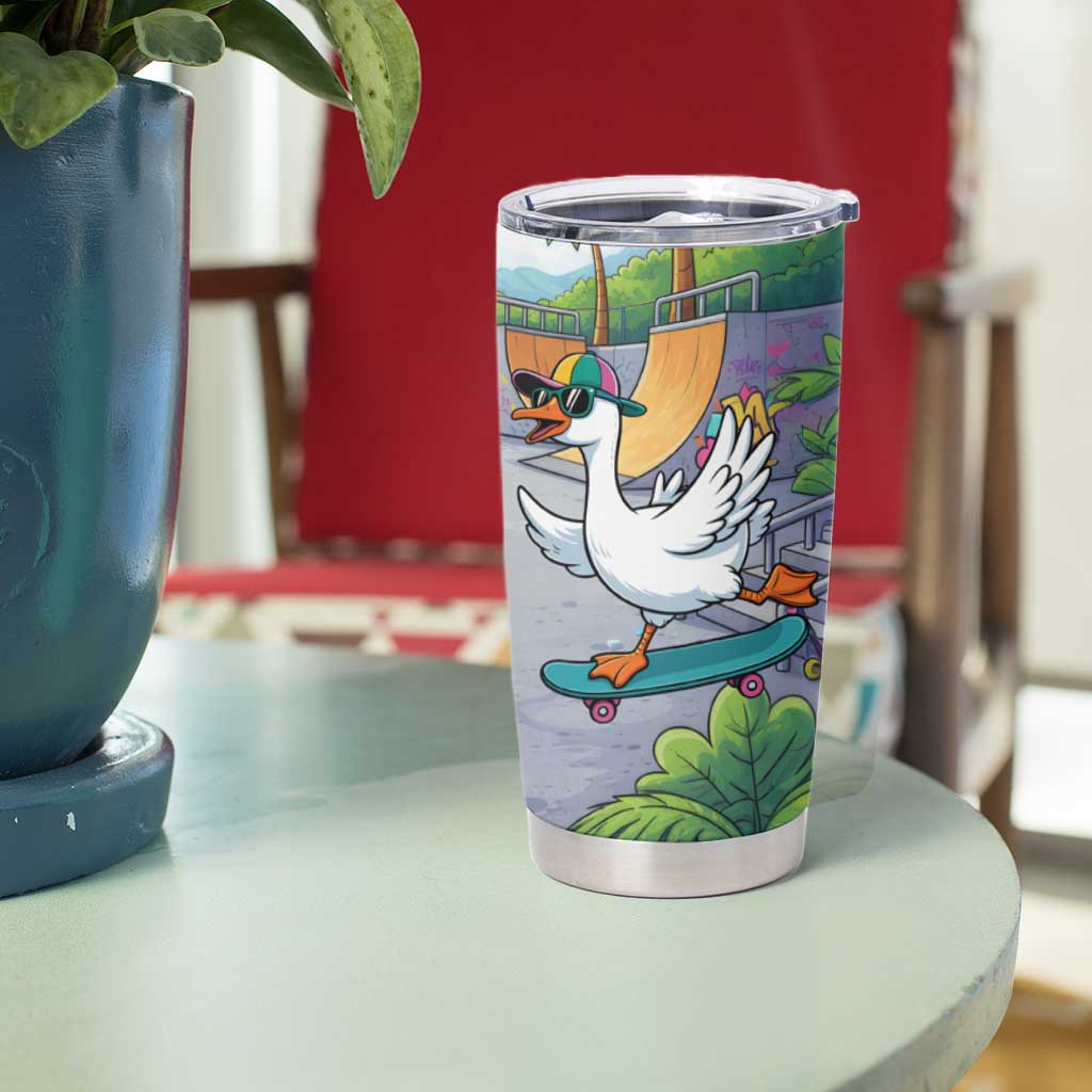 Funny Silly Goose on The Loose Tumbler Cup with Skateboard and Palm Trees