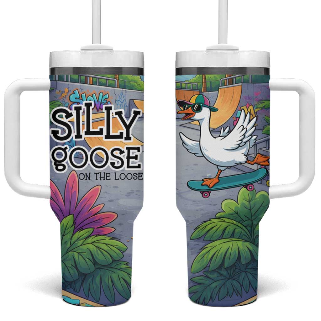 Funny Silly Goose on The Loose Tumbler With Handle with Skateboard and Palm Trees