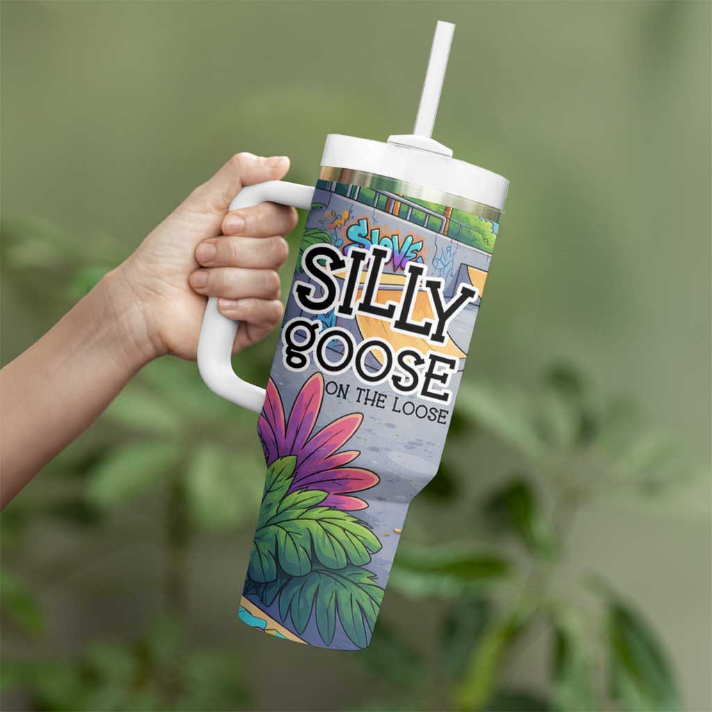 Funny Silly Goose on The Loose Tumbler With Handle with Skateboard and Palm Trees
