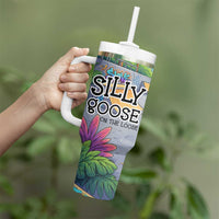Funny Silly Goose on The Loose Tumbler With Handle with Skateboard and Palm Trees