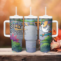 Funny Silly Goose on The Loose Tumbler With Handle with Skateboard and Palm Trees