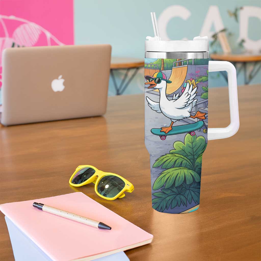 Funny Silly Goose on The Loose Tumbler With Handle with Skateboard and Palm Trees