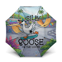 Funny Silly Goose on The Loose Umbrella with Skateboard and Palm Trees