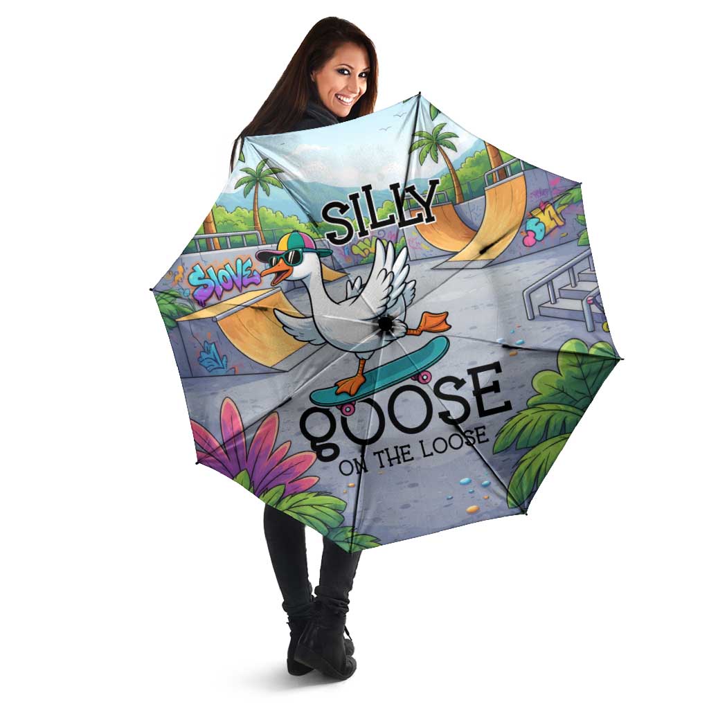 Funny Silly Goose on The Loose Umbrella with Skateboard and Palm Trees