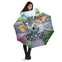 Funny Silly Goose on The Loose Umbrella with Skateboard and Palm Trees
