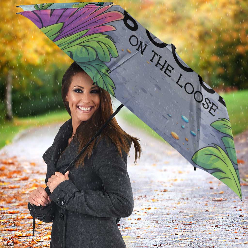 Funny Silly Goose on The Loose Umbrella with Skateboard and Palm Trees