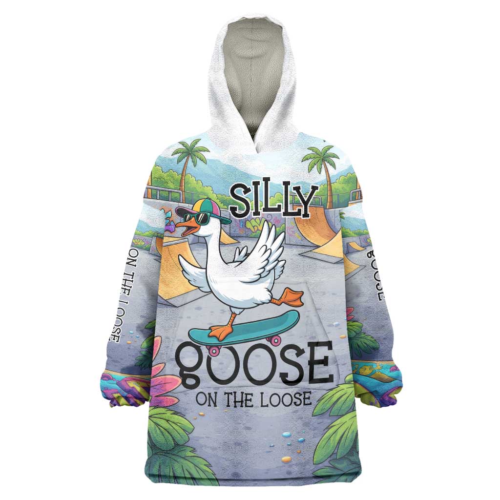 Funny Silly Goose on The Loose Wearable Blanket Hoodie with Skateboard and Palm Trees