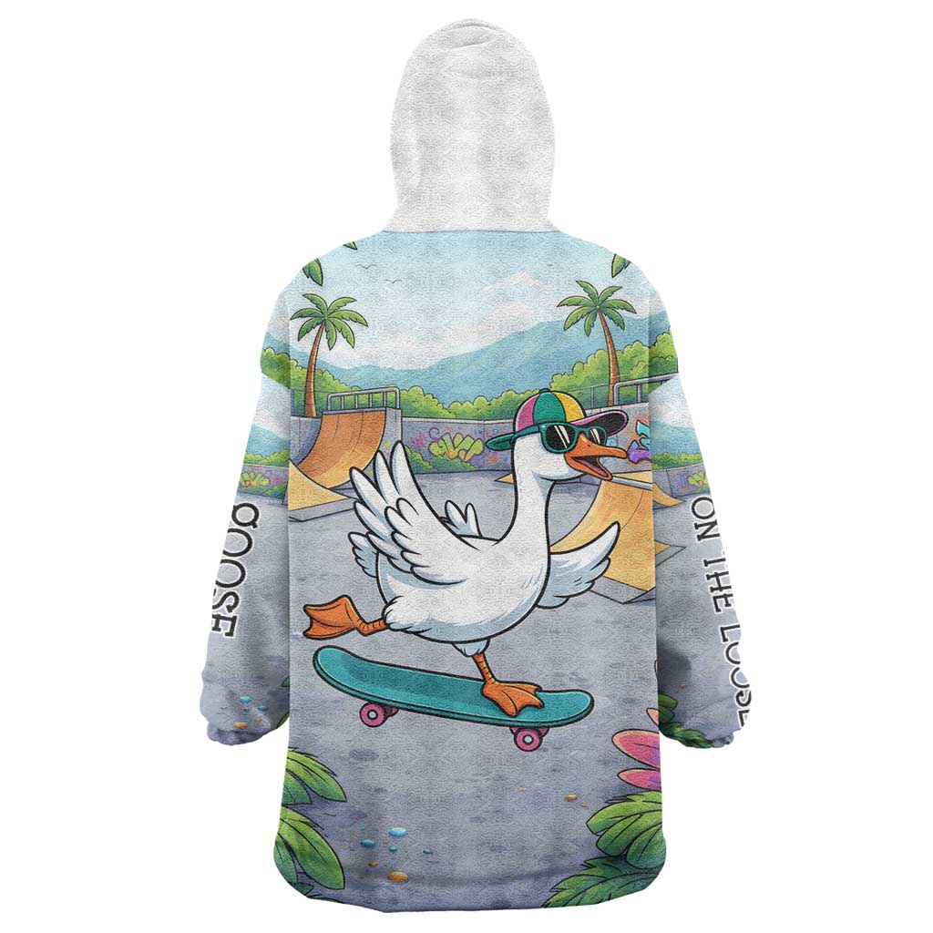 Funny Silly Goose on The Loose Wearable Blanket Hoodie with Skateboard and Palm Trees