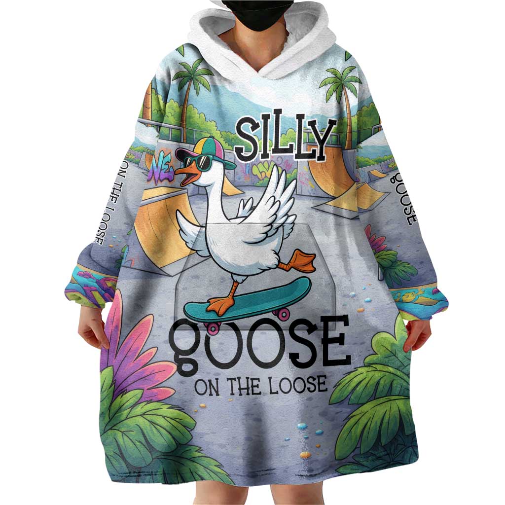 Funny Silly Goose on The Loose Wearable Blanket Hoodie with Skateboard and Palm Trees
