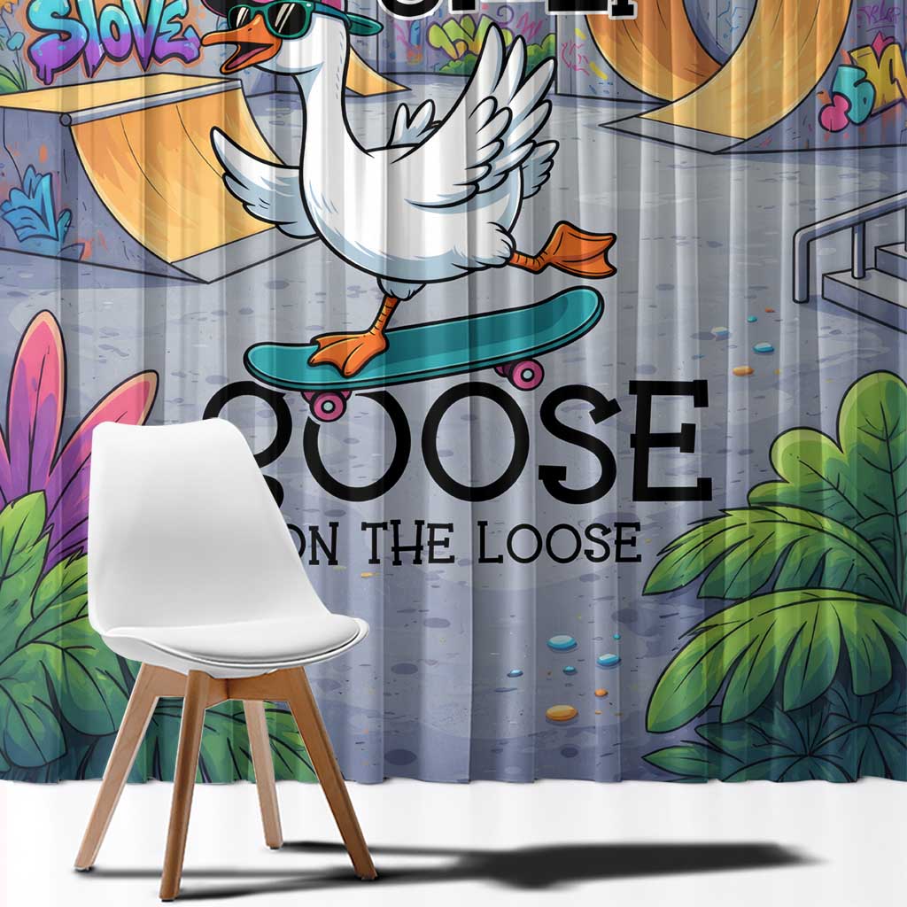 Funny Silly Goose on The Loose Window Curtain with Skateboard and Palm Trees