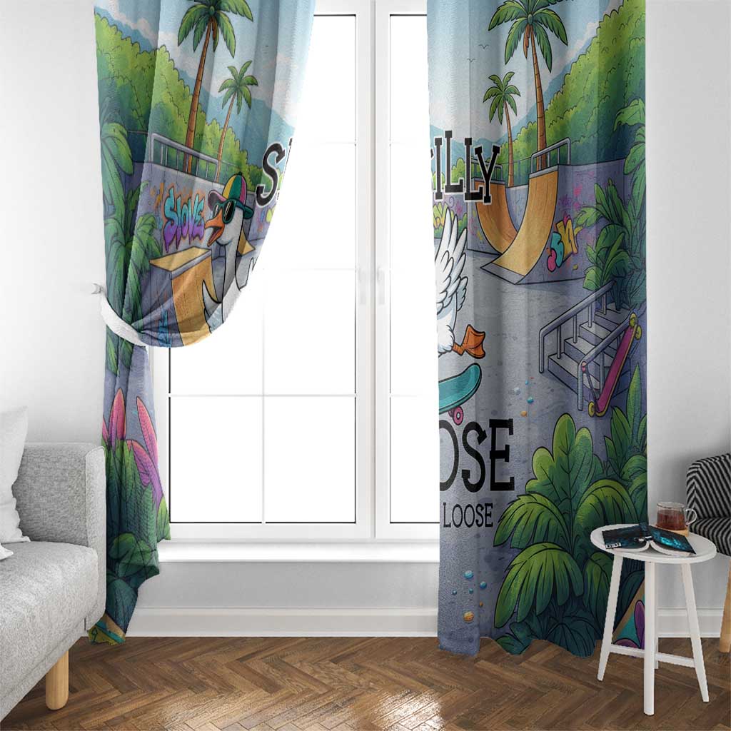 Funny Silly Goose on The Loose Window Curtain with Skateboard and Palm Trees