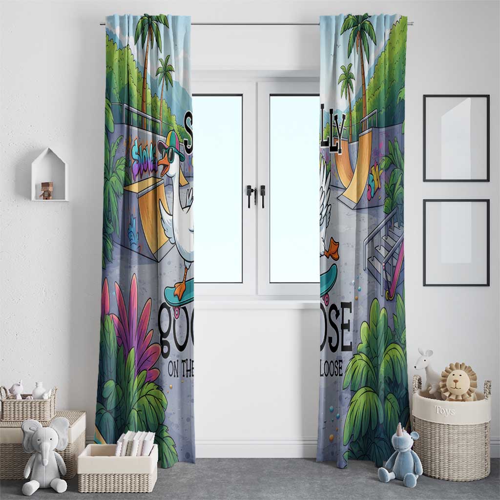 Funny Silly Goose on The Loose Window Curtain with Skateboard and Palm Trees