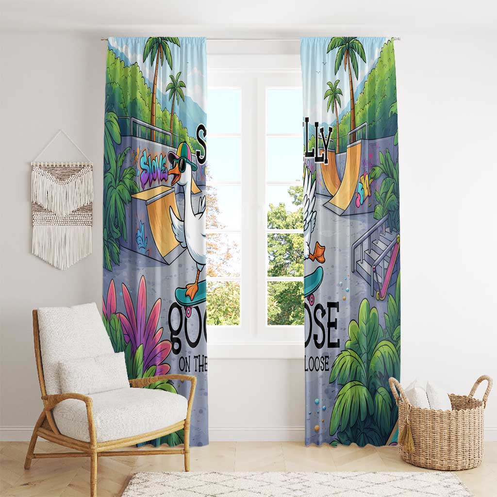 Funny Silly Goose on The Loose Window Curtain with Skateboard and Palm Trees
