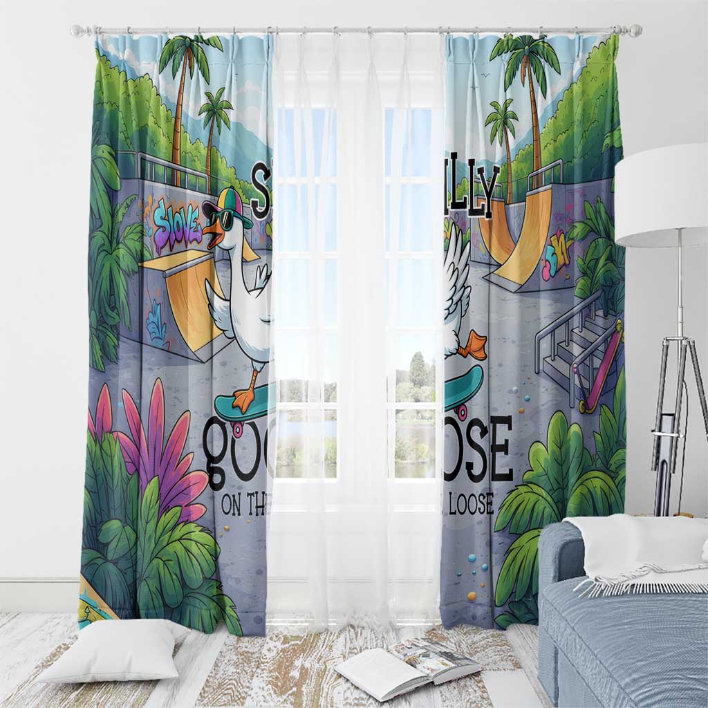 Funny Silly Goose on The Loose Window Curtain with Skateboard and Palm Trees