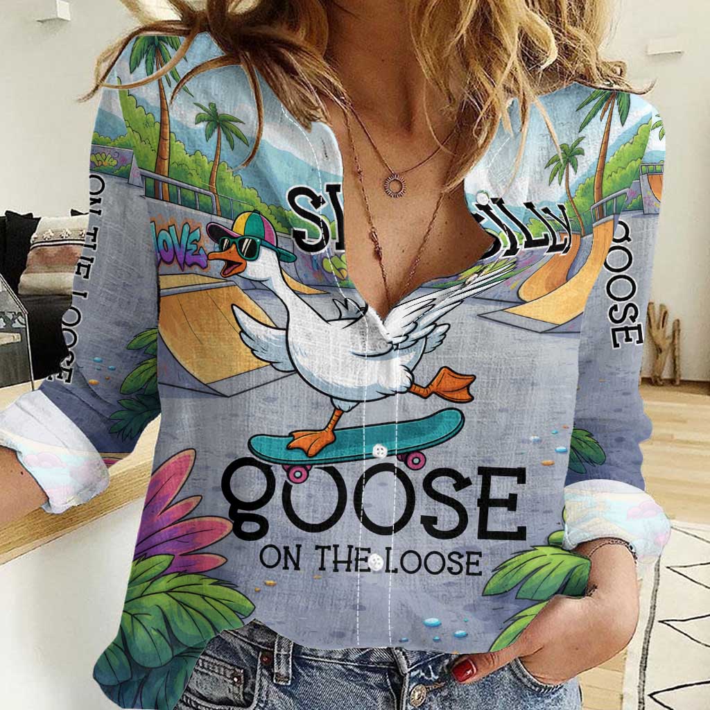 Funny Silly Goose on The Loose Women Casual Shirt with Skateboard and Palm Trees