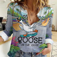 Funny Silly Goose on The Loose Women Casual Shirt with Skateboard and Palm Trees