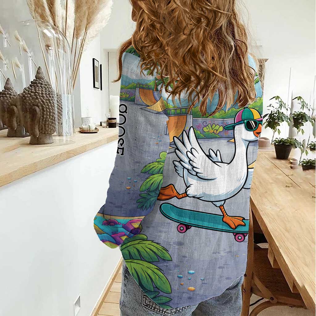 Funny Silly Goose on The Loose Women Casual Shirt with Skateboard and Palm Trees
