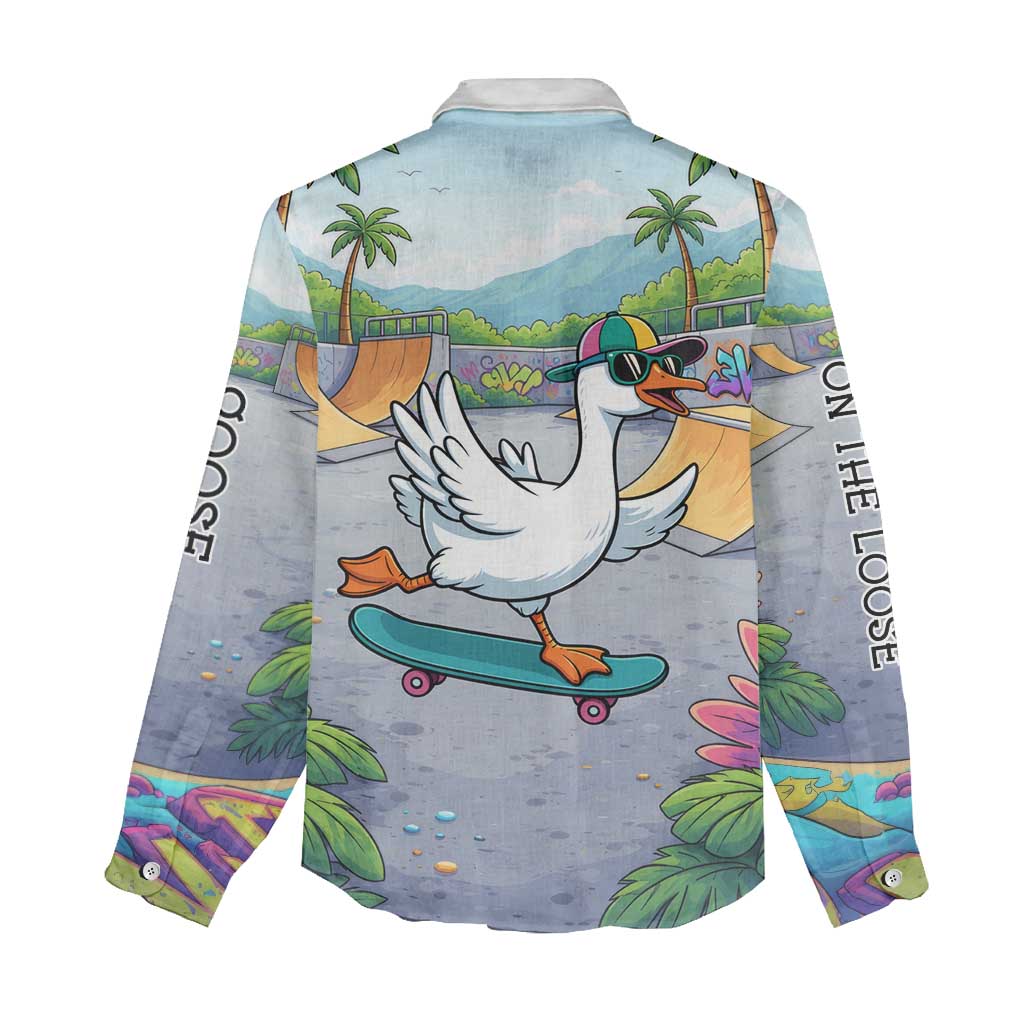 Funny Silly Goose on The Loose Women Casual Shirt with Skateboard and Palm Trees