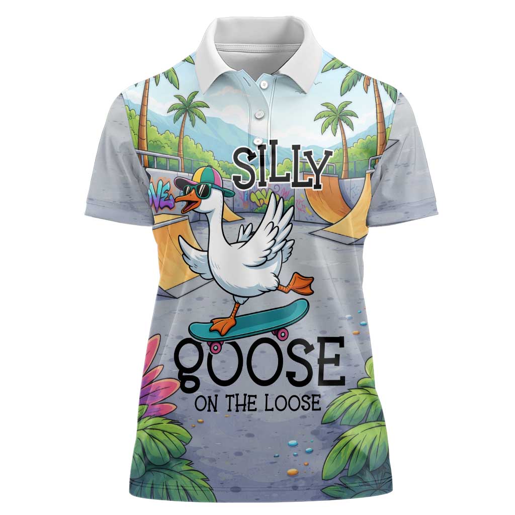 Funny Silly Goose on The Loose Women Polo Shirt with Skateboard and Palm Trees