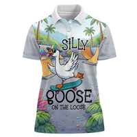Funny Silly Goose on The Loose Women Polo Shirt with Skateboard and Palm Trees