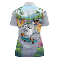 Funny Silly Goose on The Loose Women Polo Shirt with Skateboard and Palm Trees