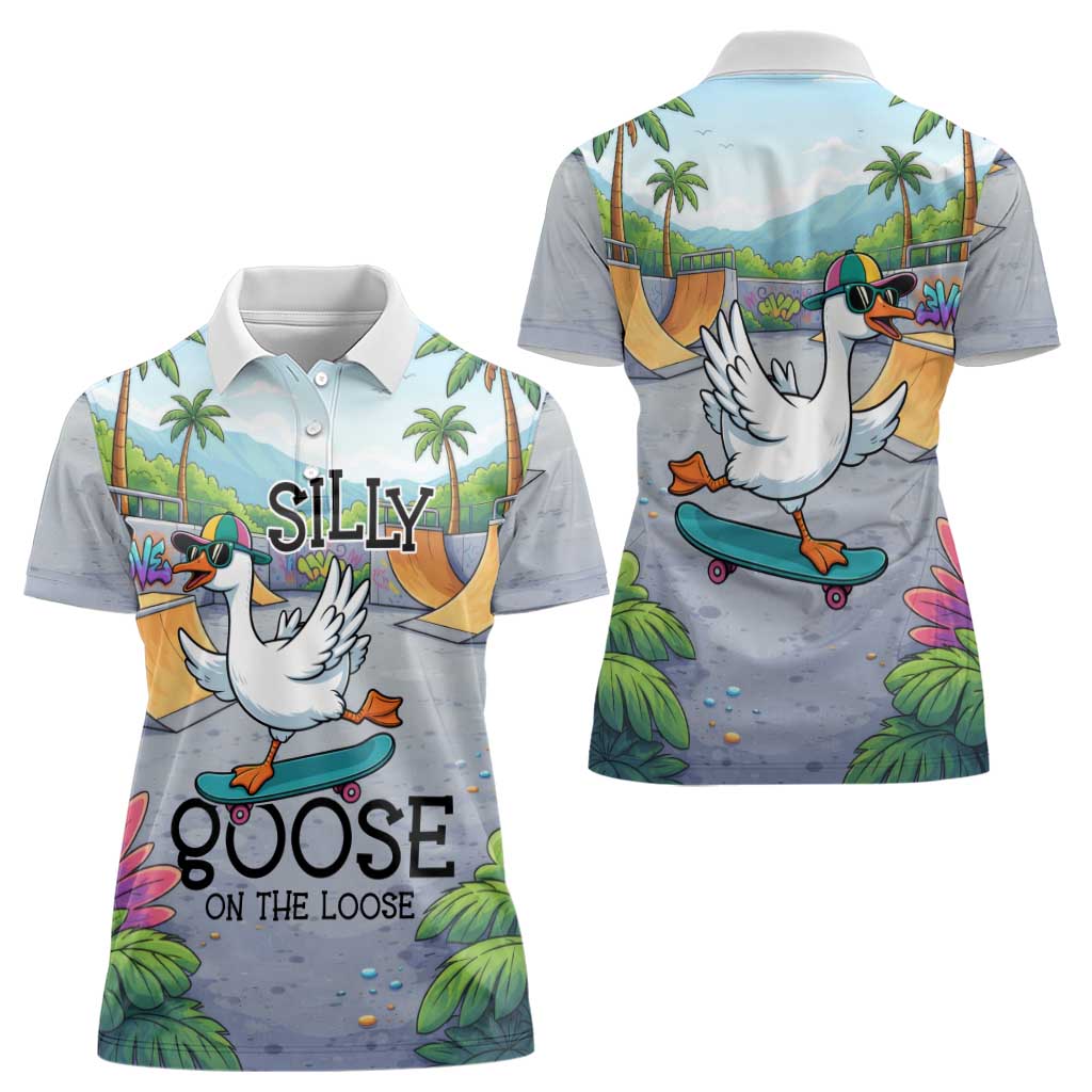 Funny Silly Goose on The Loose Women Polo Shirt with Skateboard and Palm Trees
