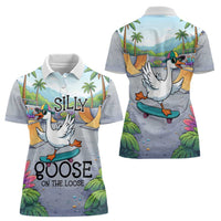 Funny Silly Goose on The Loose Women Polo Shirt with Skateboard and Palm Trees