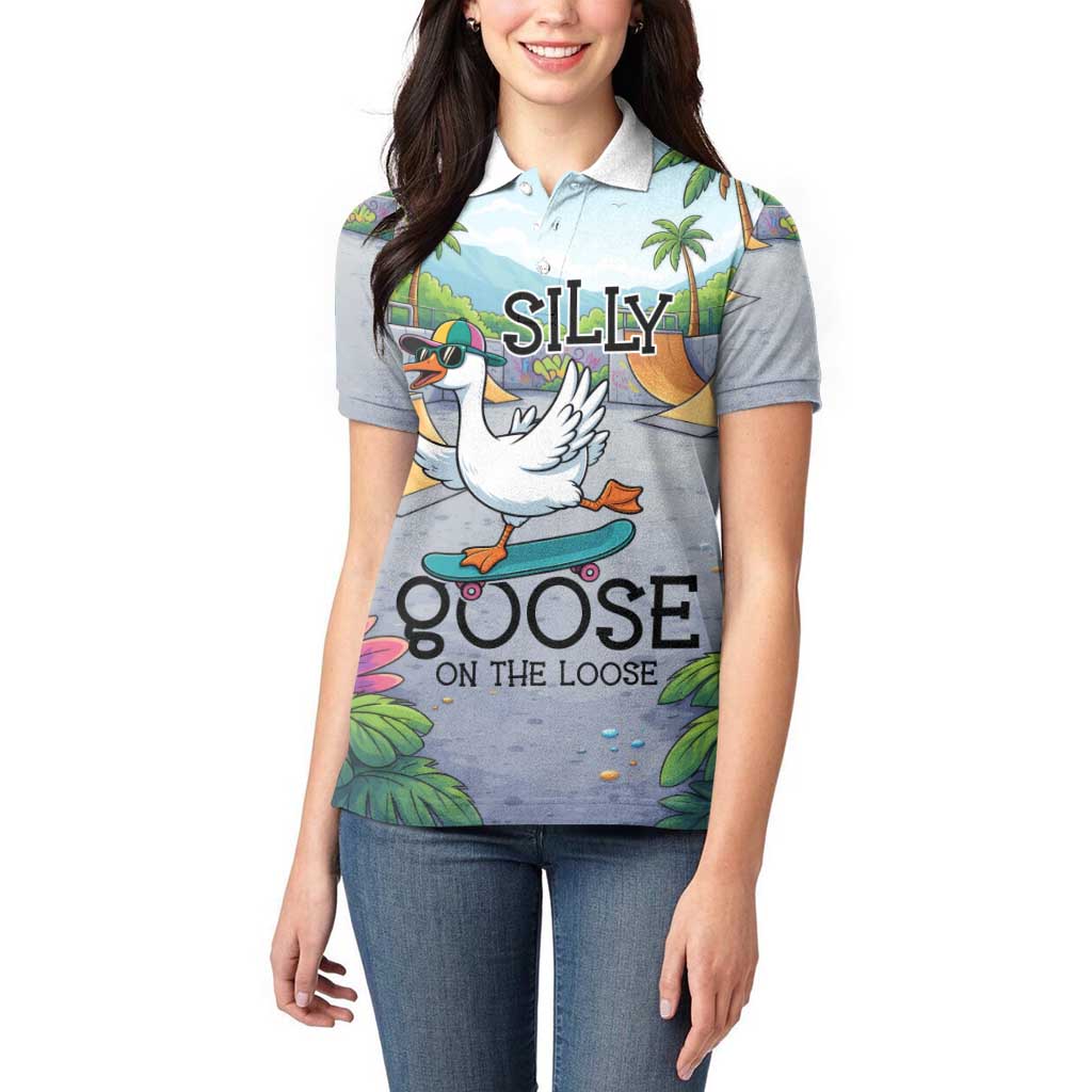 Funny Silly Goose on The Loose Women Polo Shirt with Skateboard and Palm Trees