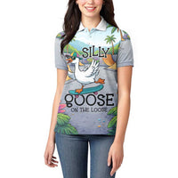 Funny Silly Goose on The Loose Women Polo Shirt with Skateboard and Palm Trees