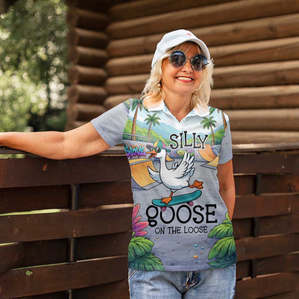 Funny Silly Goose on The Loose Women Polo Shirt with Skateboard and Palm Trees