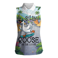 Funny Silly Goose on The Loose Women Sleeveless Polo Shirt with Skateboard and Palm Trees