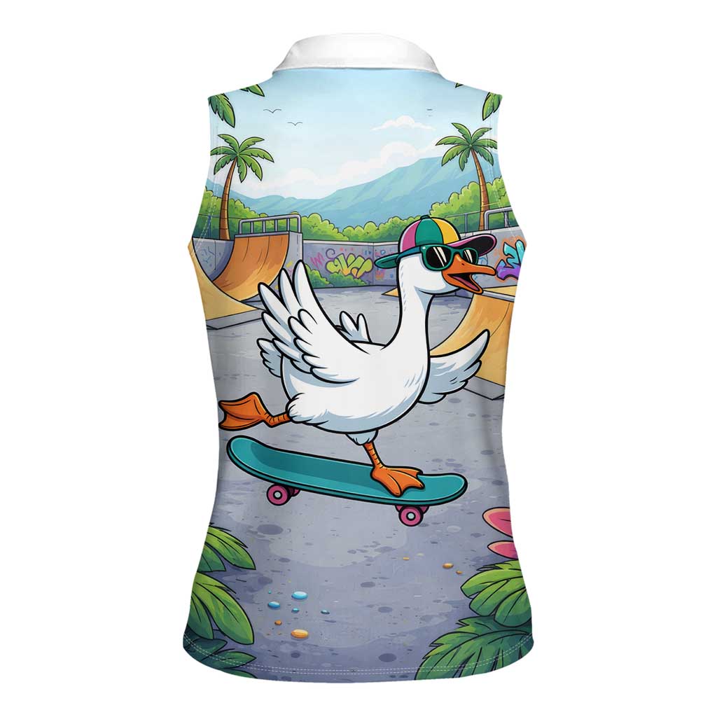 Funny Silly Goose on The Loose Women Sleeveless Polo Shirt with Skateboard and Palm Trees