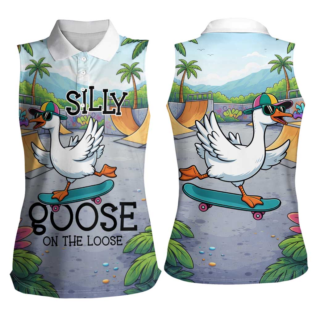 Funny Silly Goose on The Loose Women Sleeveless Polo Shirt with Skateboard and Palm Trees
