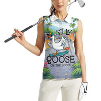 Funny Silly Goose on The Loose Women Sleeveless Polo Shirt with Skateboard and Palm Trees