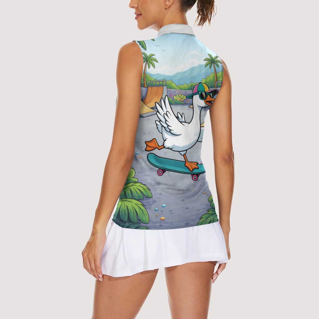 Funny Silly Goose on The Loose Women Sleeveless Polo Shirt with Skateboard and Palm Trees