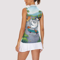 Funny Silly Goose on The Loose Women Sleeveless Polo Shirt with Skateboard and Palm Trees