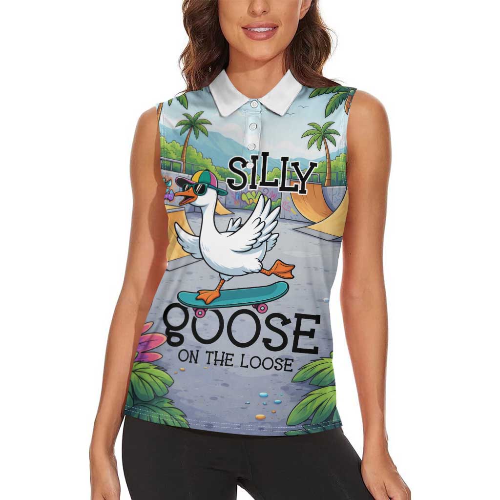 Funny Silly Goose on The Loose Women Sleeveless Polo Shirt with Skateboard and Palm Trees
