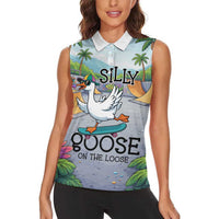 Funny Silly Goose on The Loose Women Sleeveless Polo Shirt with Skateboard and Palm Trees
