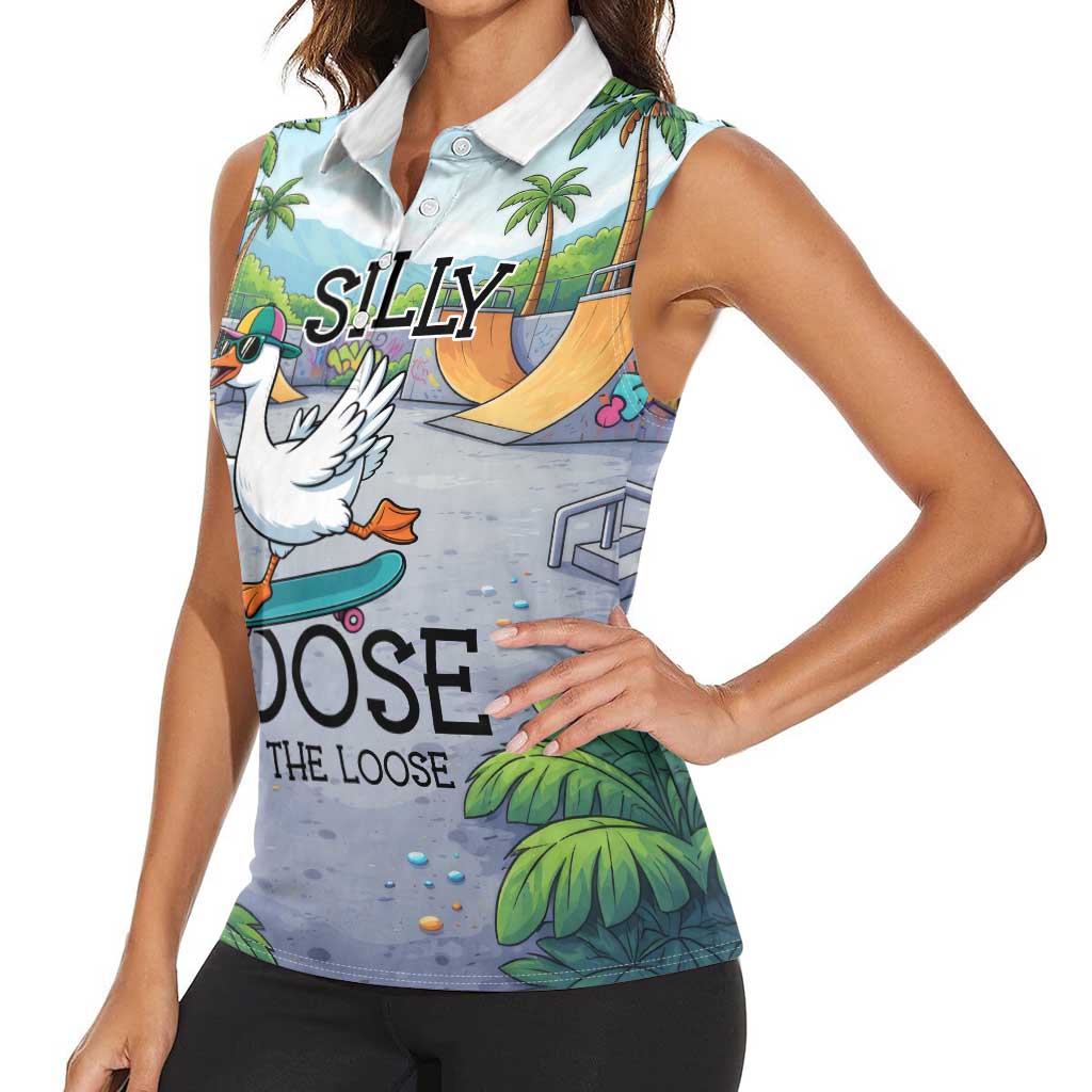 Funny Silly Goose on The Loose Women Sleeveless Polo Shirt with Skateboard and Palm Trees