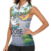 Funny Silly Goose on The Loose Women Sleeveless Polo Shirt with Skateboard and Palm Trees
