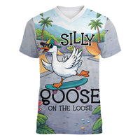 Funny Silly Goose on The Loose Women V-Neck T-Shirt with Skateboard and Palm Trees