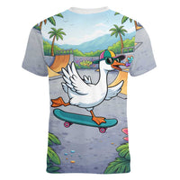 Funny Silly Goose on The Loose Women V-Neck T-Shirt with Skateboard and Palm Trees
