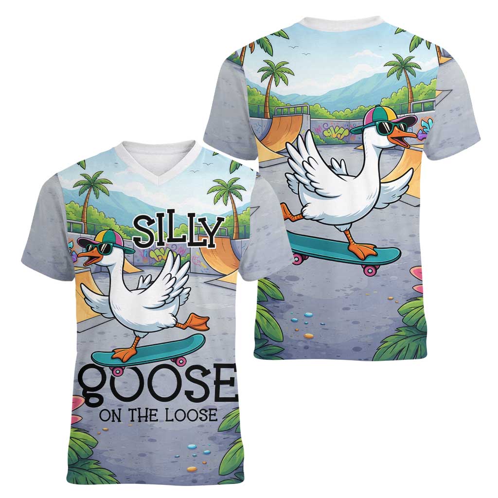 Funny Silly Goose on The Loose Women V-Neck T-Shirt with Skateboard and Palm Trees