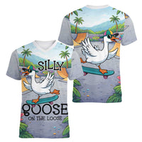 Funny Silly Goose on The Loose Women V-Neck T-Shirt with Skateboard and Palm Trees