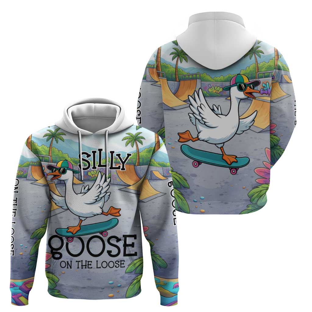 Funny Silly Goose on The Loose Zip Hoodie with Skateboard and Palm Trees